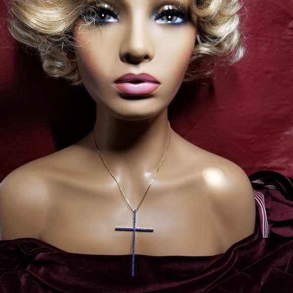 AAA Zircon & Copper Cross Necklace. Blue & Gold - Picture 3 of 8